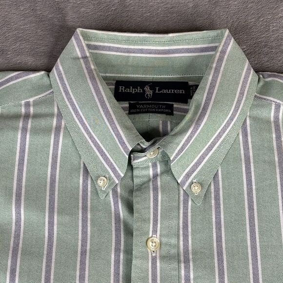 Vintage Ralph Lauren Shirt 17 Xl Green Yarmouth Striped Button‎ Down Flesh Pony - Picture 4 of 11